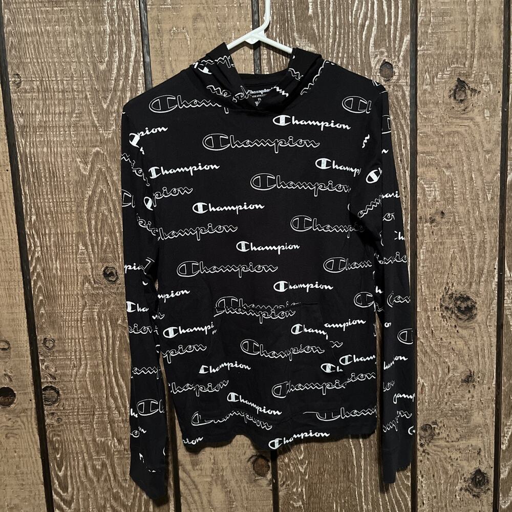 Champion Hoodie Youth Teen XL Black Lightweight Pullover All Over Spellout Logo